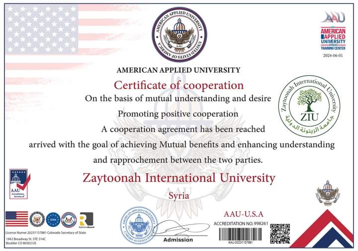 تم توقيع مذكرة تعاون واعتماد علمي بين جامعة الزيتونة الدولية والجامعة التطبيقية الامريكية